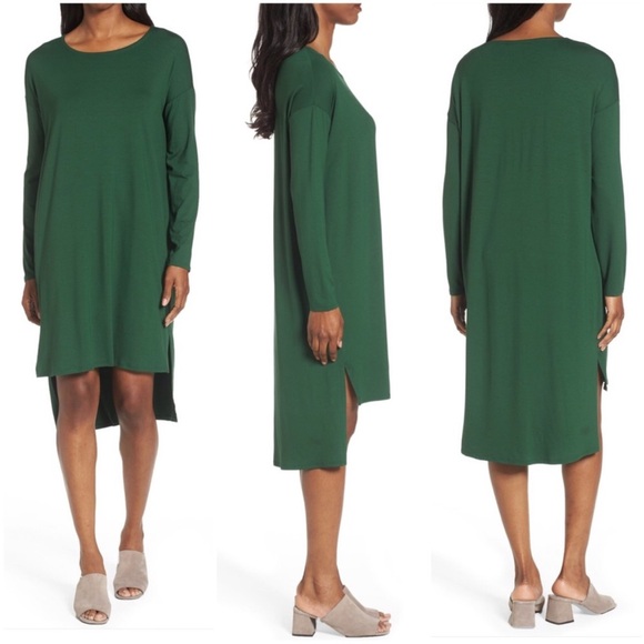 Eileen Fisher Long Sleeve High Low Shift Dress Dropped Shoulders Green Large - Picture 1 of 10